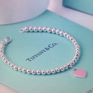 Tiffany & Co Silver Beaded Bracelet with Pink Heart Charm